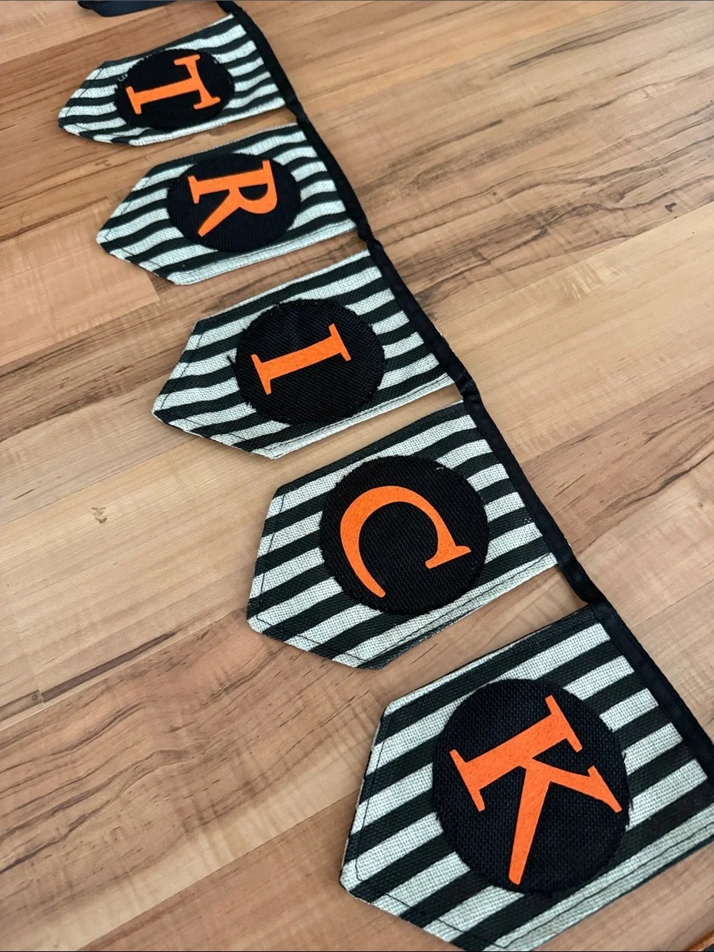 Halloween Trick or Treat Burlap Garland Banner - Black & Orange Stripes 74” long